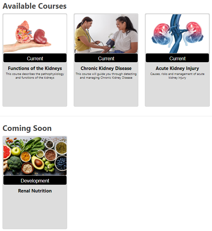Screenshot of the Renal Education Moodle homepage